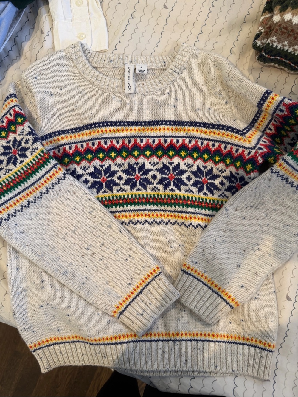 Janie and Jack Cream Speckled Fair Isle Crewneck Sweater with Multicolor Yoke